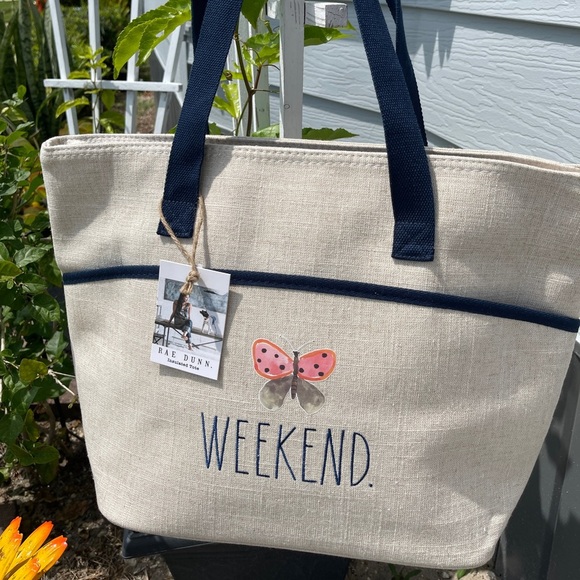 Rae Dunn Handbags - RAE DUNN Weekend Butterfly Tan/Blue Insulated Tote
